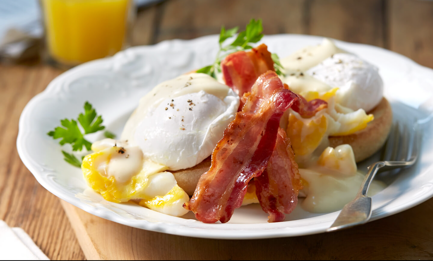 Smoked Streaky Bacon with Smoked Haddock and Eggs on Muffins