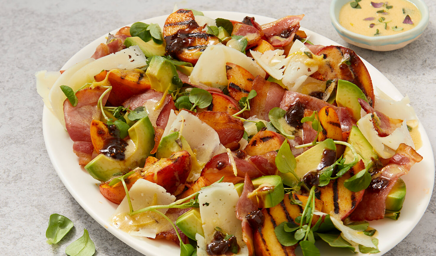 Bacon, Avocado, Grilled Peach and Manchego Salad
