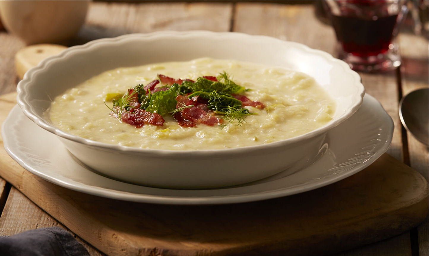 Fennel Soup Winter Greens and Smoked Streaky Bacon