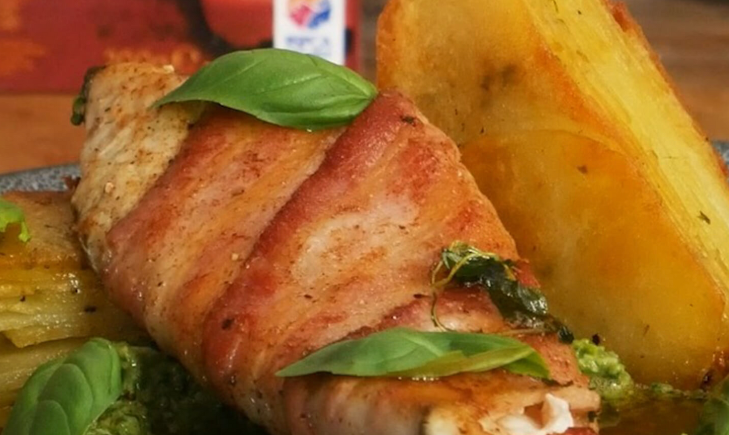 Fillets of Sea Bream Wrapped in Denhay Smoked Streaky Bacon, Pea &amp; Walnut Pesto, Confit Potatoes