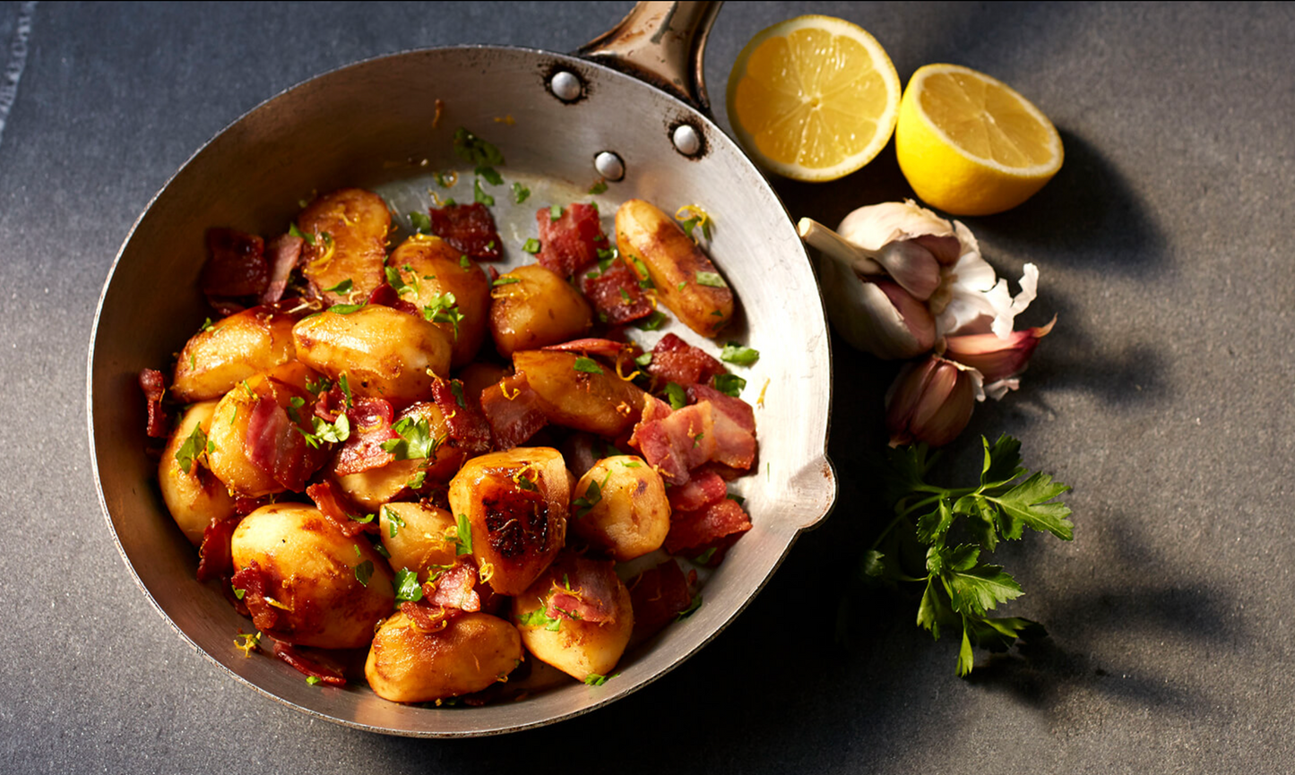 Unsmoked Streaky Bacon with Jerusalem Artichokes, Lemon and Garlic